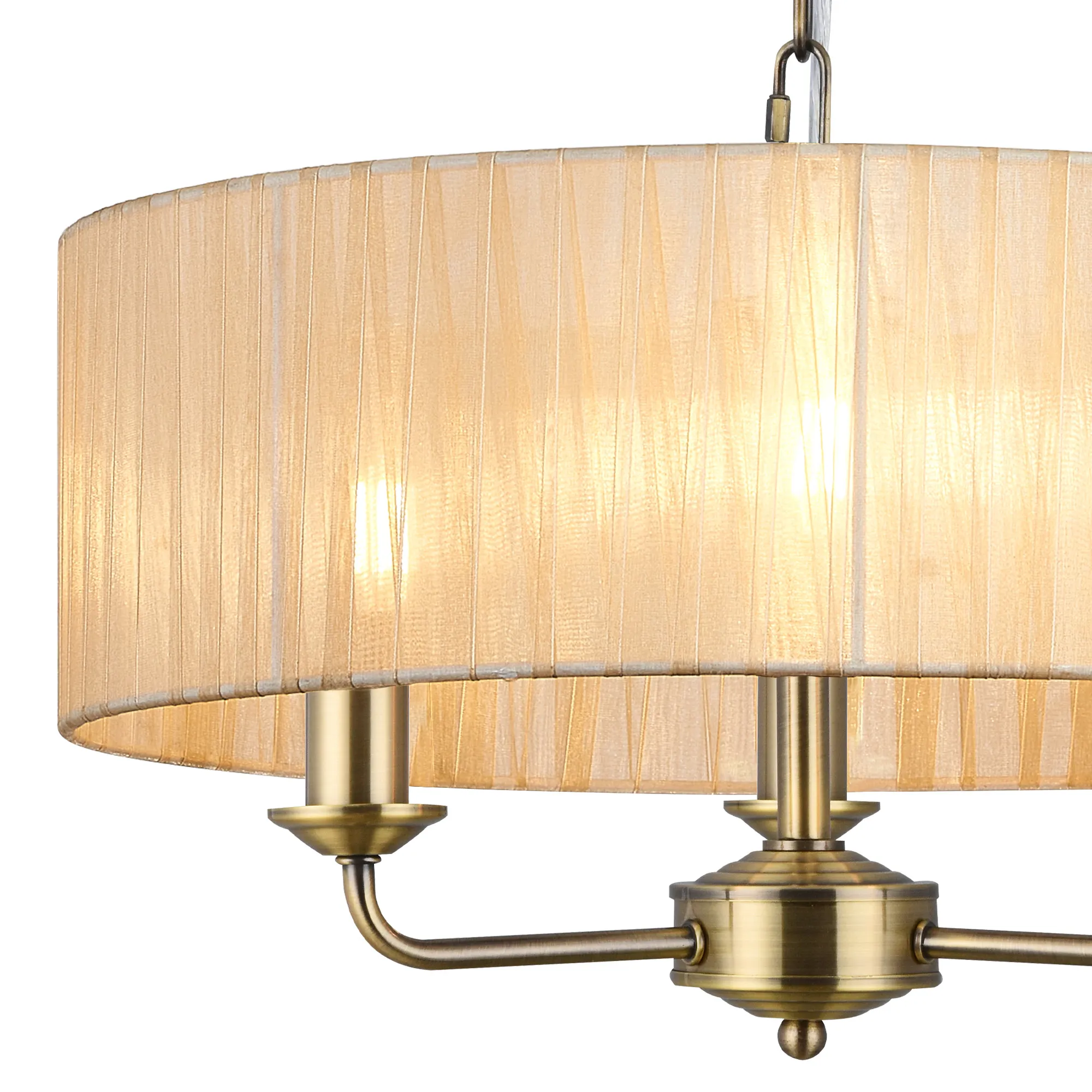 Banyan 3 Light Multi Arm Pendant With 45cm x 15cm Organza Shade Antique Brass/Soft Bronze DK0869  Deco Banyan AB SB